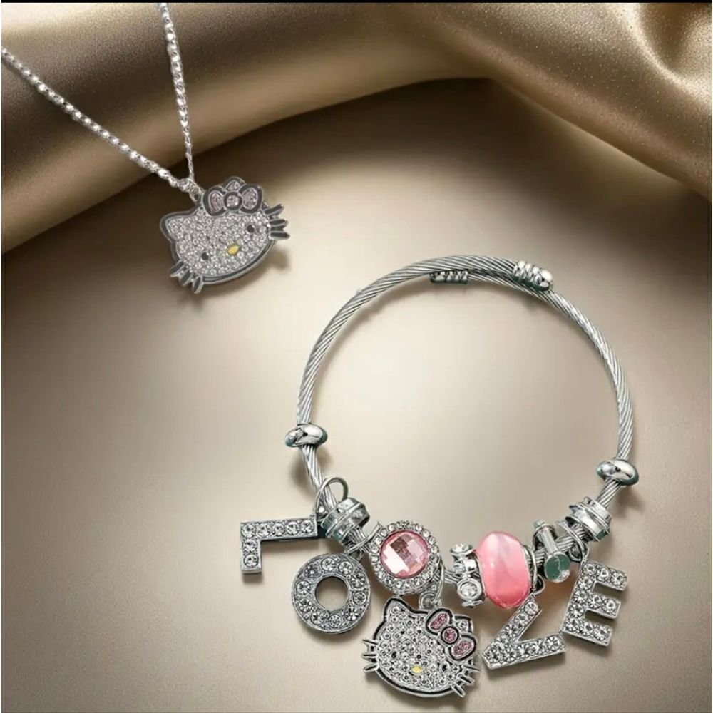 Silver Hello Kitty Necklace & Bracelet Set